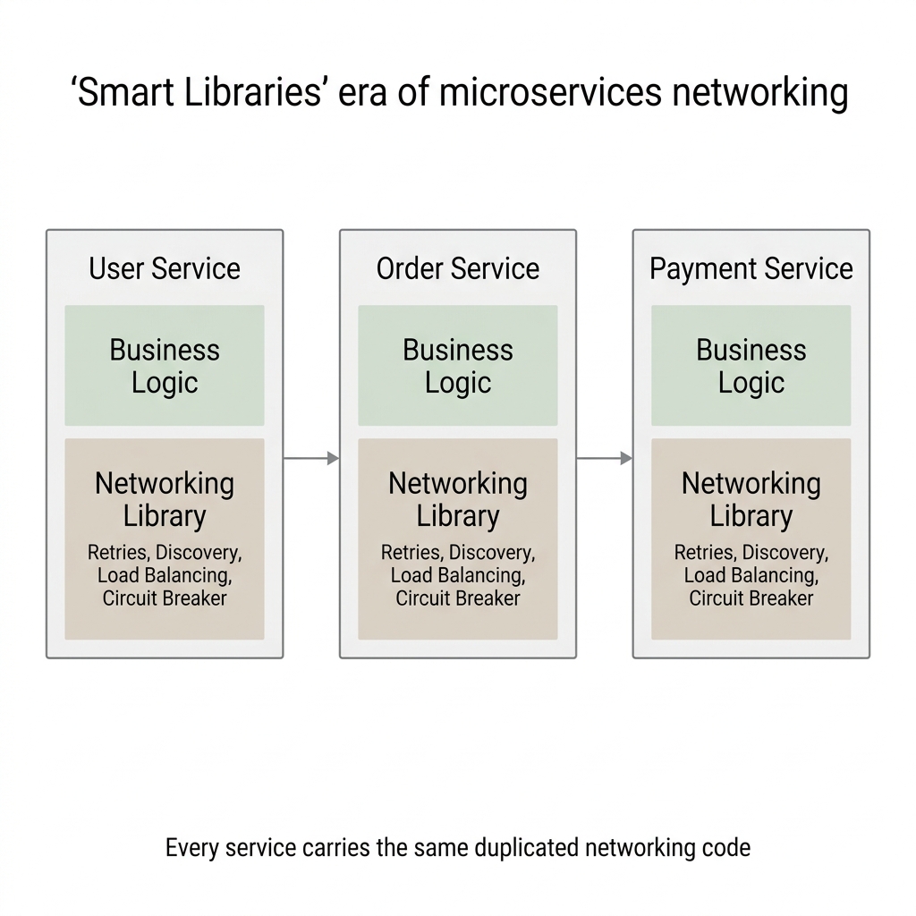 Era 2: Smart Libraries — every service carries duplicated networking code