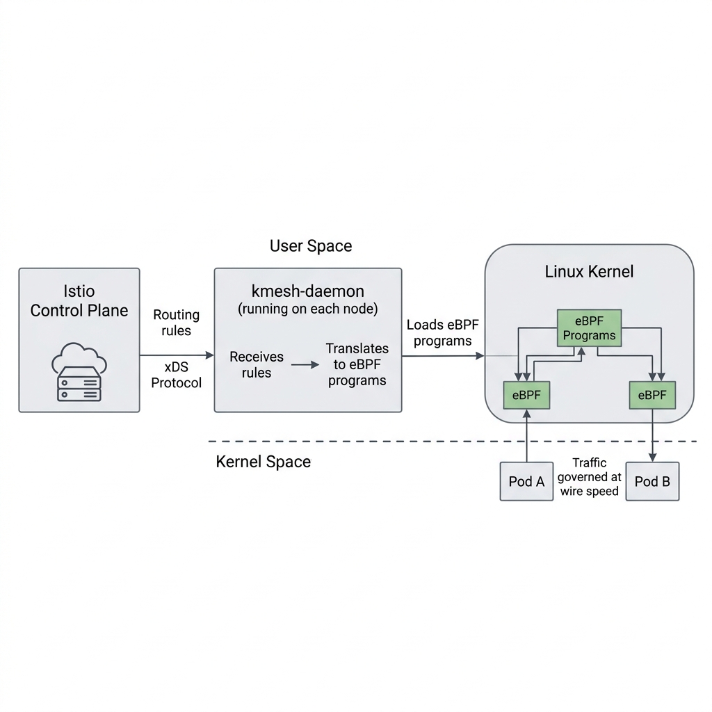 Kmesh architecture — kmesh-daemon translates xDS rules into eBPF programs