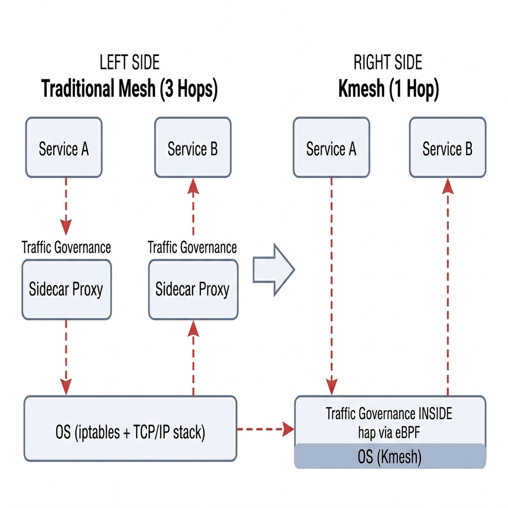 Traditional Mesh (3 Hops) vs Kmesh (1 Hop) — data path comparison