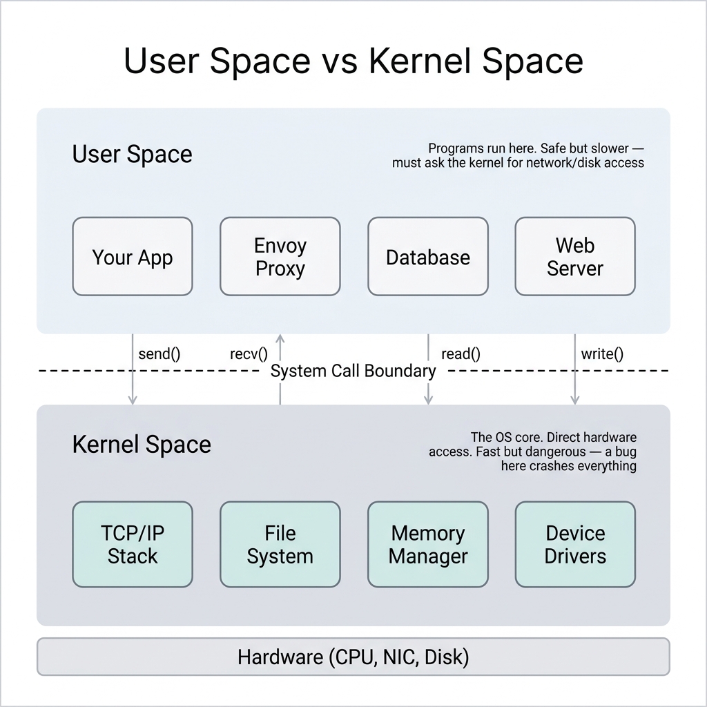 User Space vs Kernel Space — the system call boundary
